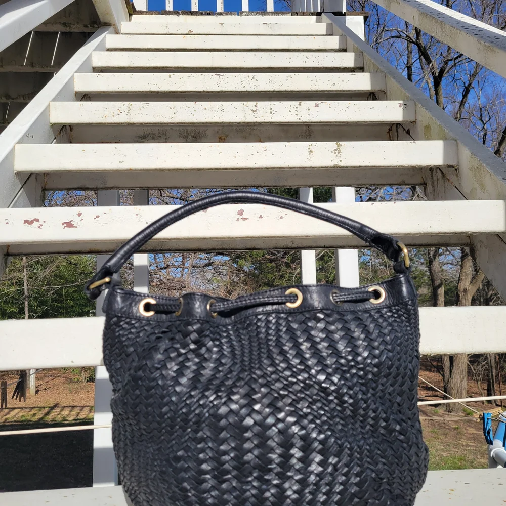 Women's Genuine  Leather Black Wicker Bucket Shoulder Strap Handbag